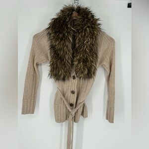 Victoria's Secret Women’s Faux Fur Collar Beige Wool Blend Cardigan Sz Lg S2